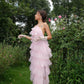 Robe de soirée longue en tulle rose à dos nu nv1353