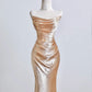 Champagner-Gold, elegantes langes Satin-Ballkleid, Abendkleid, Partykleid, nv4949