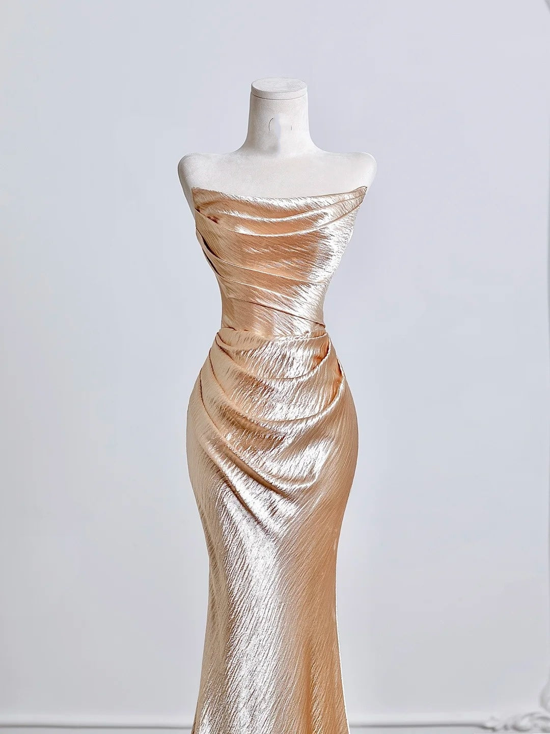 Champagner-Gold, elegantes langes Satin-Ballkleid, Abendkleid, Partykleid, nv4949