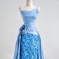 Blaues, glänzendes, langes, bodenlanges Satin-Ballkleid mit Pailletten, Abendkleid, Abschlusskleid, NV5104