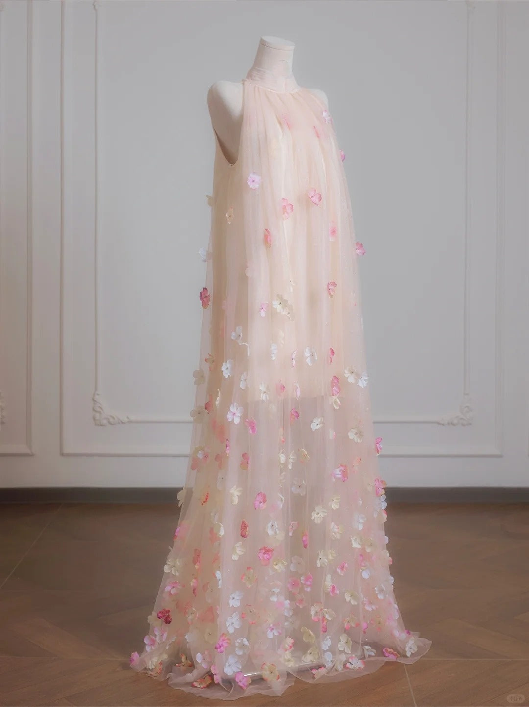 Rosa Blumen Elegantes Langes Tüll Ballkleid Abendkleid Partykleid nv4955