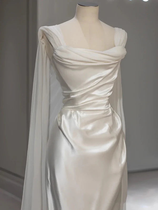 Weißes Satin-Brautkleid mit Rüschenträgern, elegantes Partykleid, Ballkleid, Abendkleid nv1846