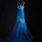 Fantasieblaues, exquisites, florales Perlen-Langspitzen-Satin-Ballkleid, Partykleid, Vintage, NV5211