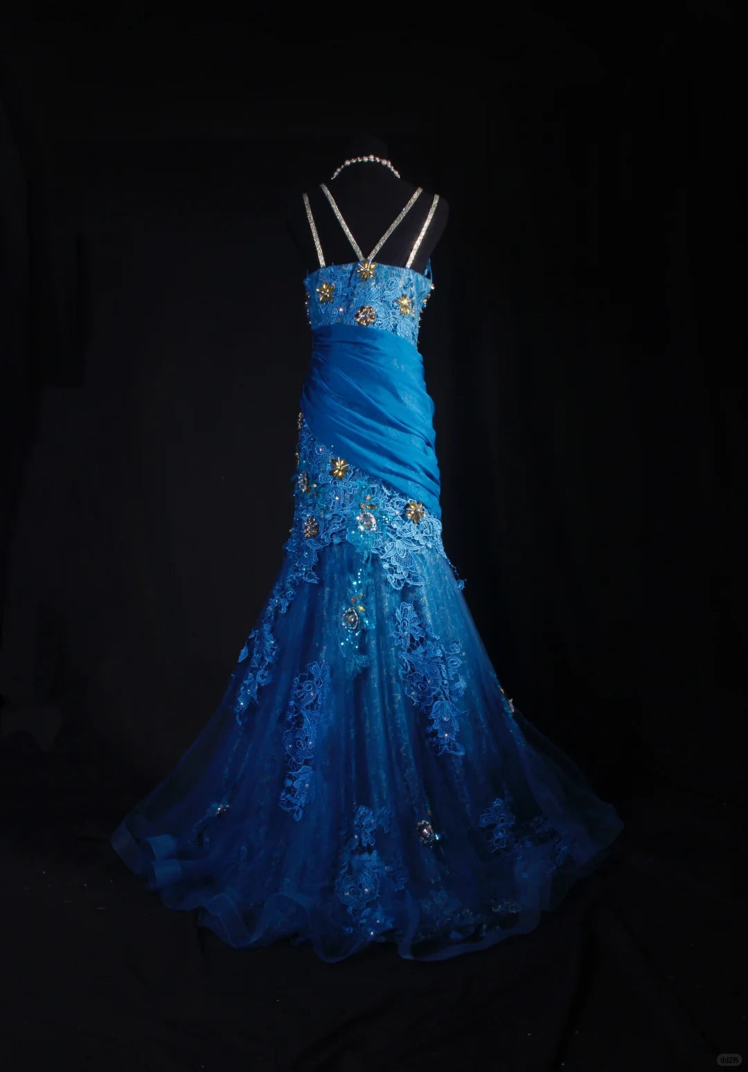 Fantasieblaues, exquisites, florales Perlen-Langspitzen-Satin-Ballkleid, Partykleid, Vintage, NV5211