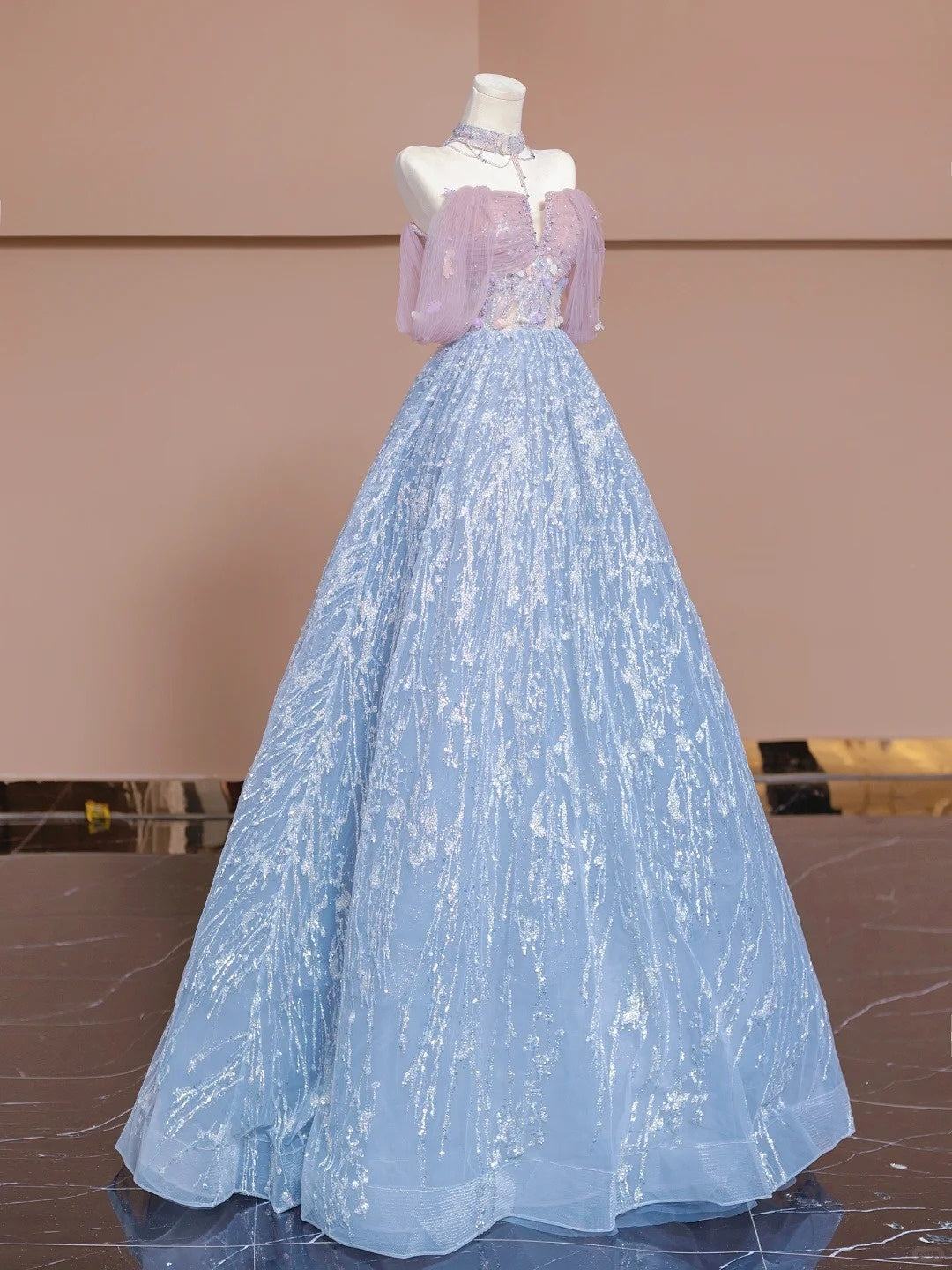 Rosa Blau Perlen Lange Tüll Bodenlangen Ballkleid Abendkleid nv5052