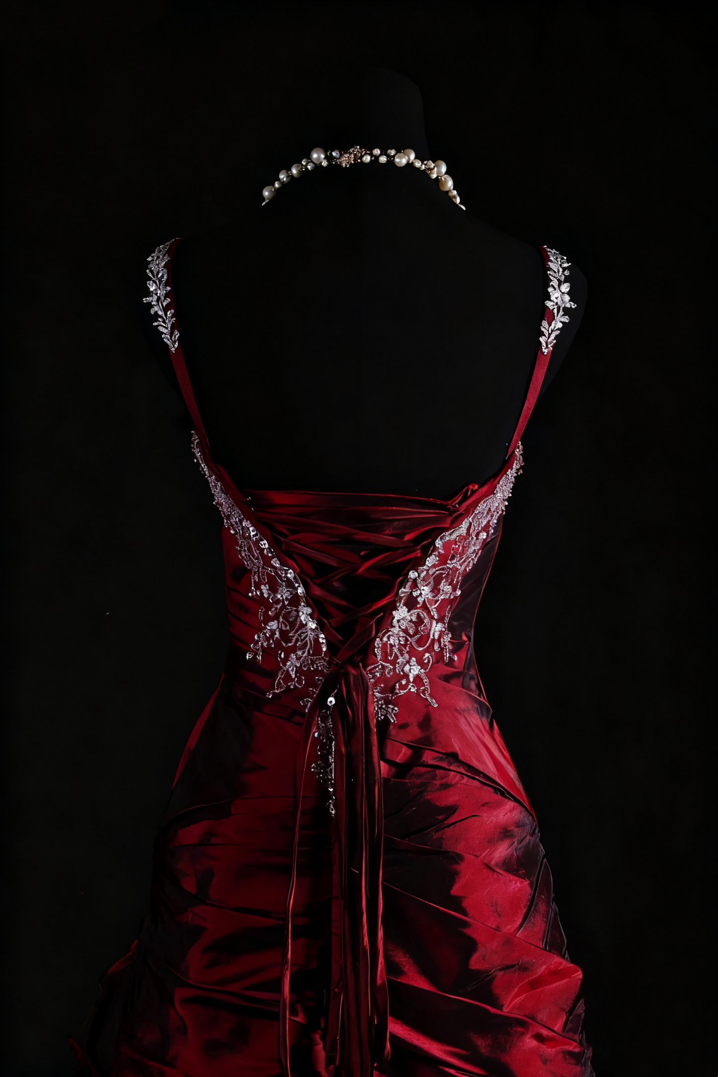 NiceVestidos – Vintage Burgunderrot, exquisites, perlenbesetztes Satin-Plissee-Langballkleid, Abschlusskleid NV5859