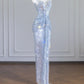 Silbernes, modisches, langes, figurbetontes Ballkleid mit Pailletten, Abendkleid, Partykleid nv4958