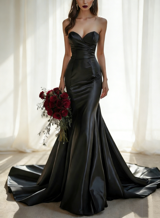 Haute Couture Black Satin Mermaid Gown Strapless Train Red Carpet Evening Dress NV6758