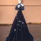 Robe de bal longue en velours bleu exquis, ornée d'étoiles et de perles, robe de soirée, robe de soirée, nv4732