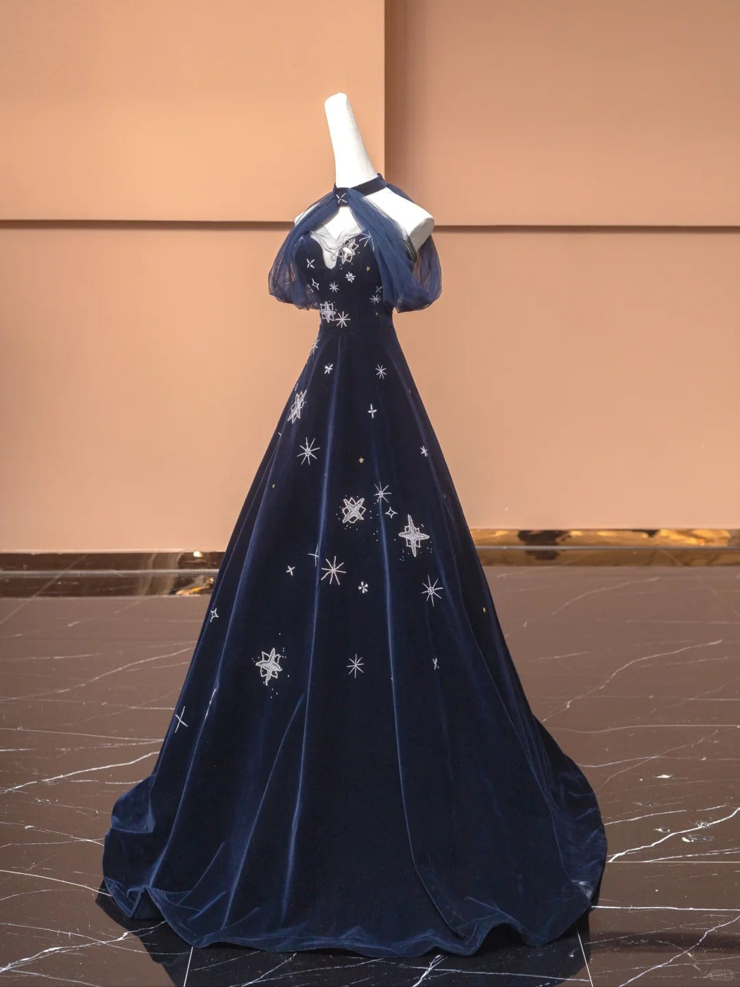 Robe de bal longue en velours bleu exquis, ornée d'étoiles et de perles, robe de soirée, robe de soirée, nv4732