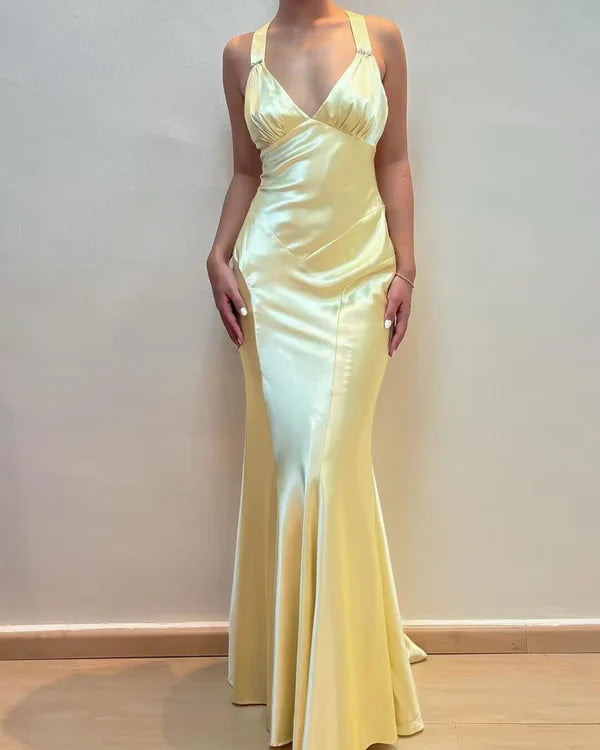 Hellgelbes V-Ausschnitt-Vintage-Meerjungfrauen-langes Partykleid, Ballkleid, Abendkleid nv1945
