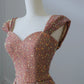 Pink Gold Shiny Sequins Elegant Long Satin Ball Gown Evening Dress nv4340
