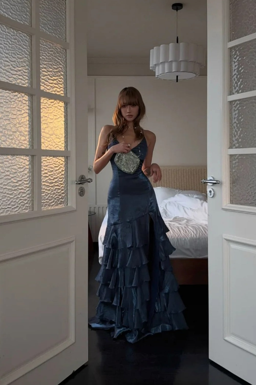 Robe de bal longue en satin bleu marine tendance NV6574