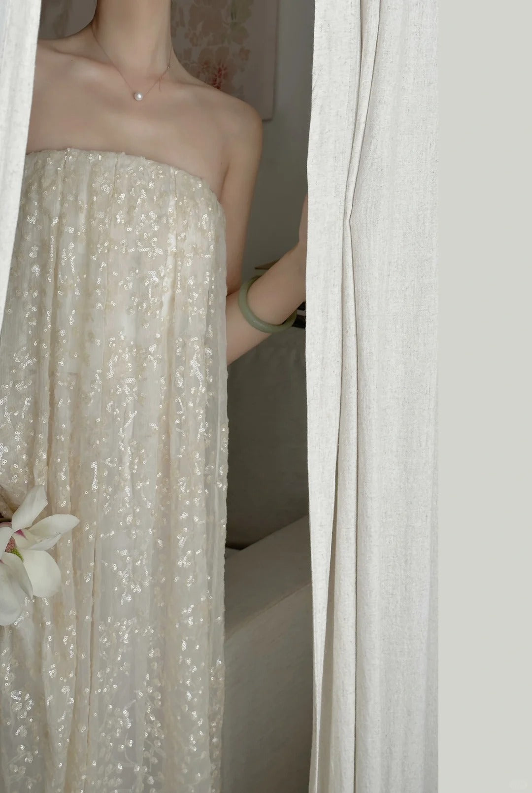 Elfenbeinweiß, wunderschön, exquisite Perlen, langes, bodenlanges Tüll-Ballkleid mit Pailletten, Abendkleid, Geburtstags-, Urlaubs- und Partykleid, nv4070