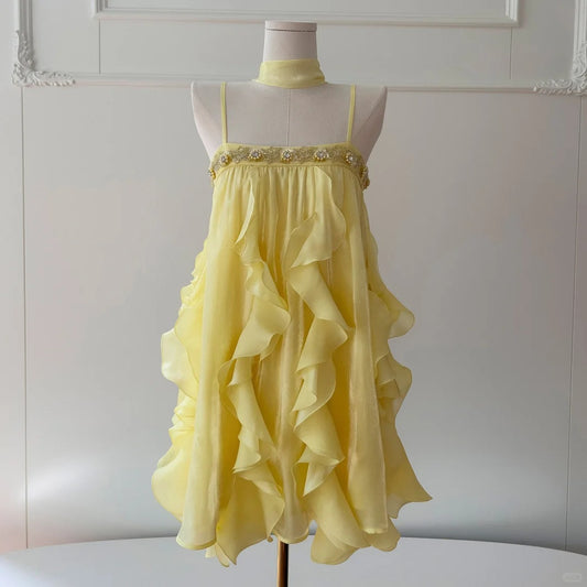 Gelbes langes/kurzes Chiffon-Tüll-Heimkehrkleid, Ballkleid, Geburtstagspartykleid, zweiteiliger Anzug, NV4670
