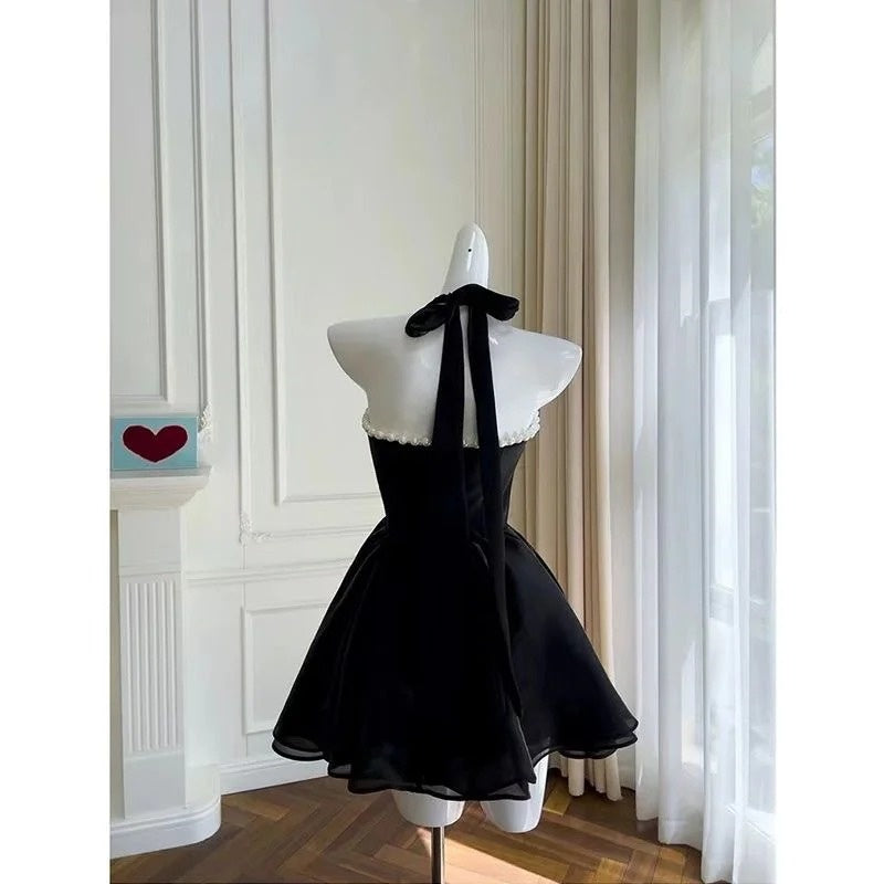 Schwarzes kurzes Samtkleid mit Hosenträgern, Ballkleid, Geburtstagspartykleid, NV4672