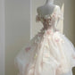 NiceVestidos - Style féerique floral : Robe de mariée rose et blanche en tulle clouté à fleurs 3D, épaules dénudées, longueur au sol, NV5815