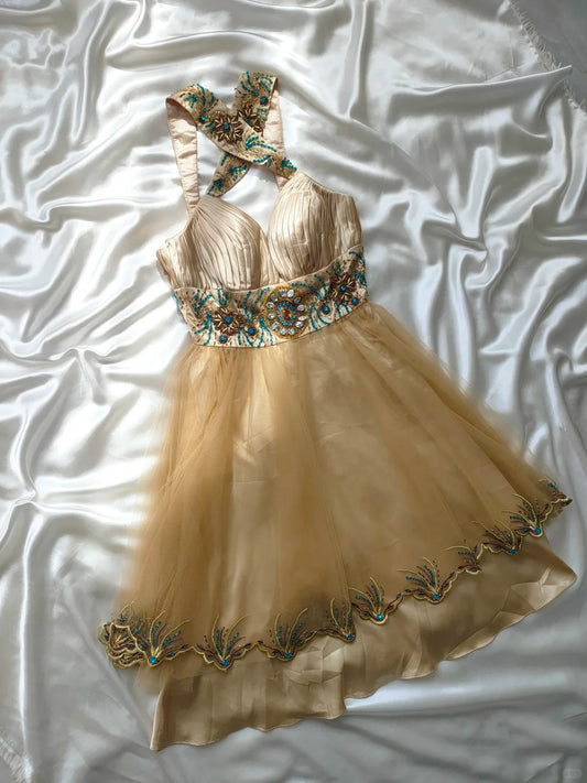 Robe de soirée courte en tulle ornée de perles dorées, magnifique robe d'anniversaire nv5237