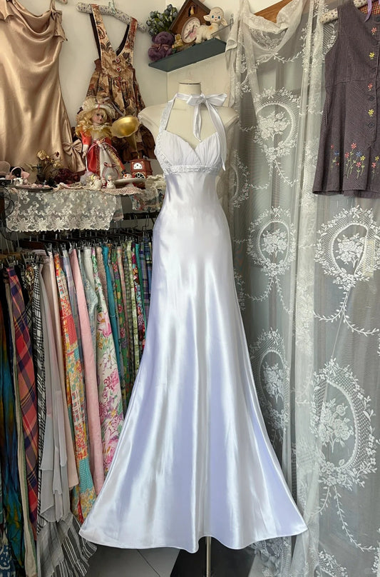 Robe de soirée longue sirène blanche élégante en satin vintage, robe de bal nv4209