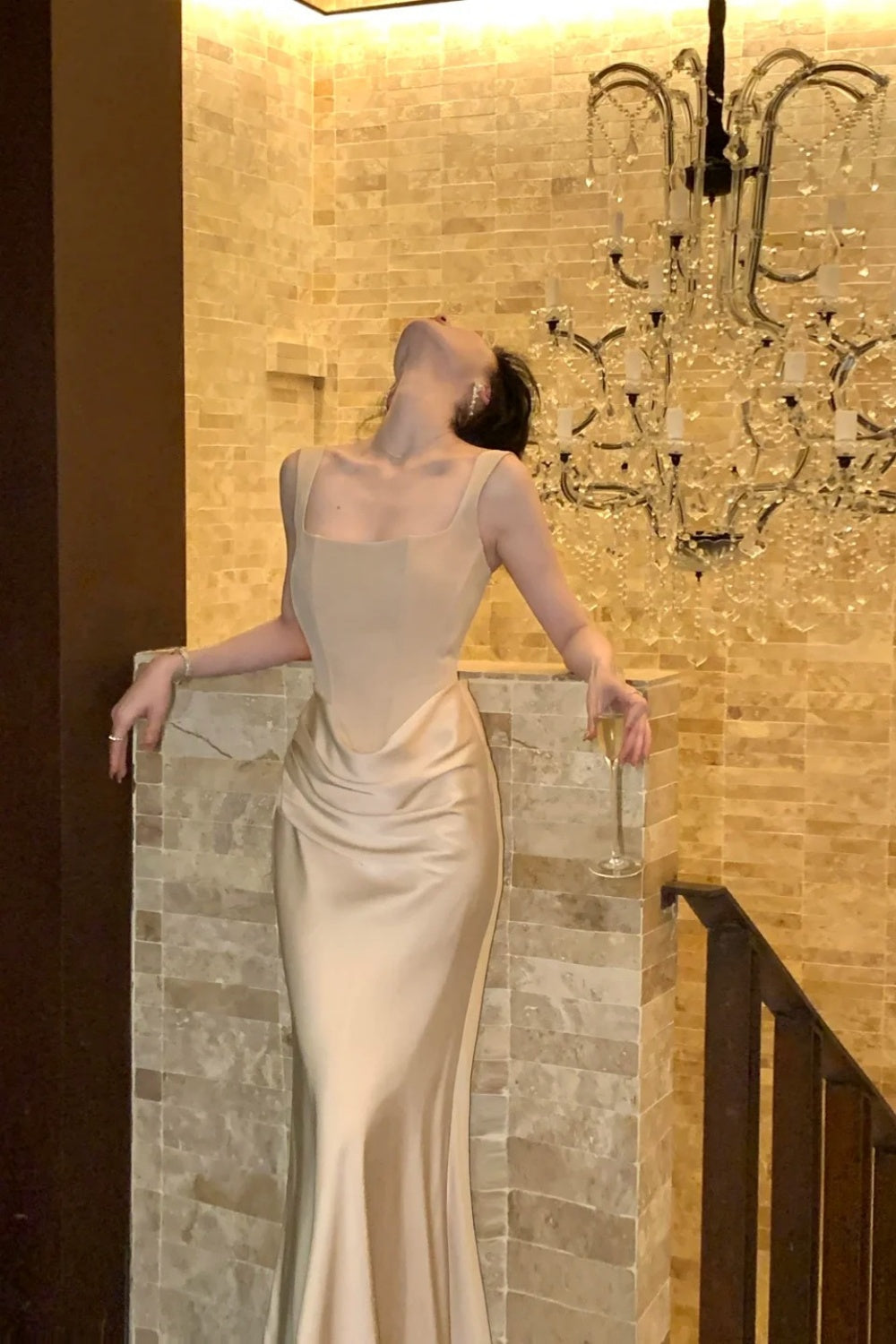 Square Neck Boned Corset Champagne Satin Mermaid Gown Draped Formal Evening Dress  NV6881