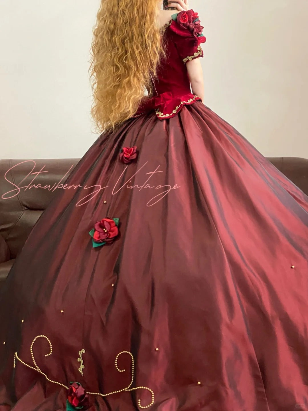 Robe de bal princesse longue en satin bordeaux, élégante, vintage, motif floral, nv5006