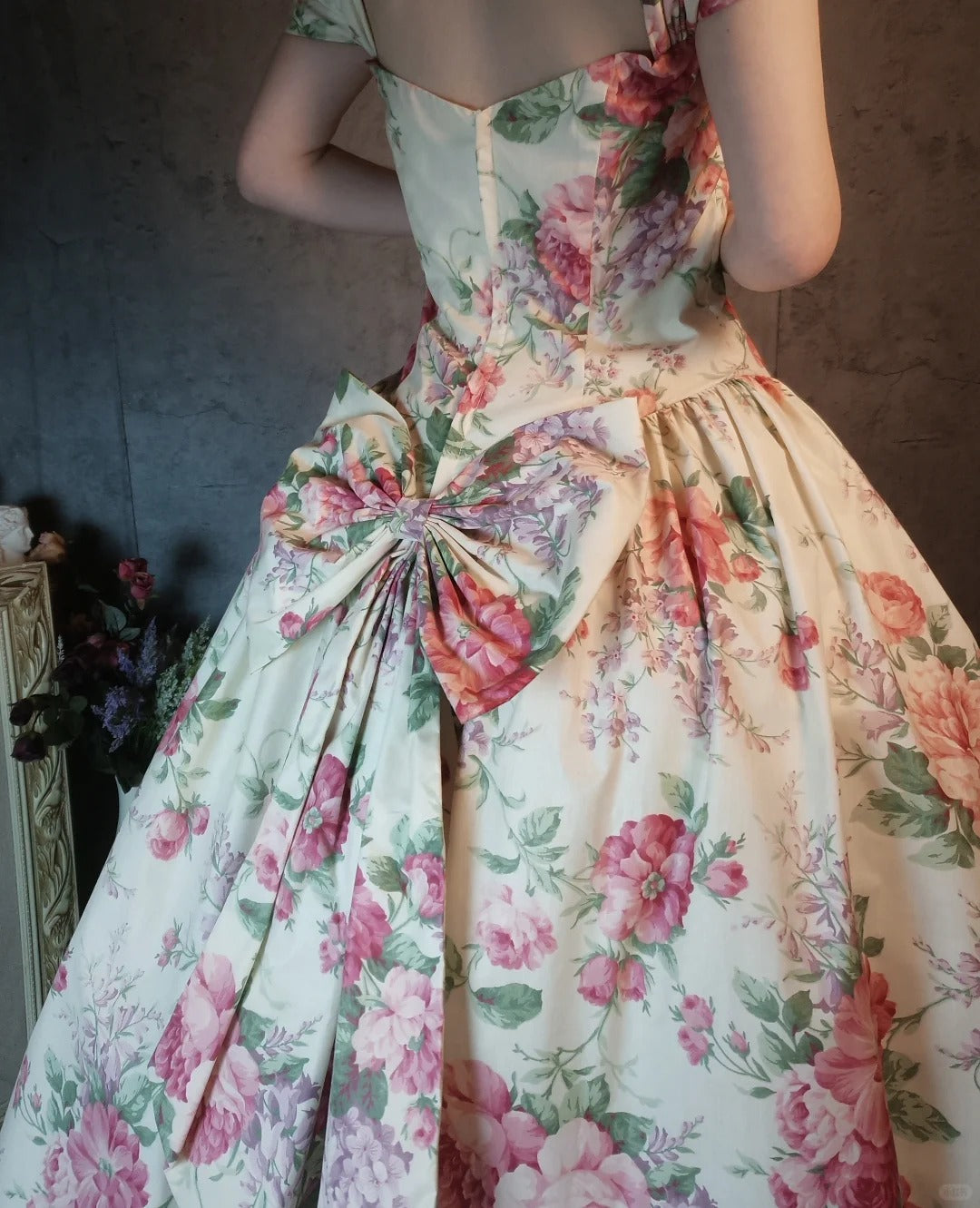 Charming pink vintage floral long satin prom dress nv5435