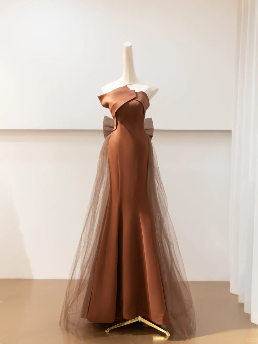 Robe de soirée longue en satin marron, élégante, style sirène, en tulle, nv4752