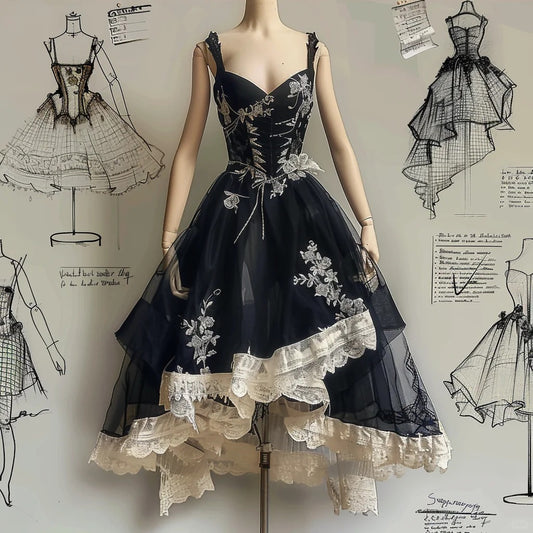 Schwarzes und weißes, geblümtes, langes Tüll-Heimkehrkleid mit mehrlagigen Rüschen, Feen-Geburtstagspartykleid, Prinzessinnen-Ballkleid, Abendkleid, NV4548