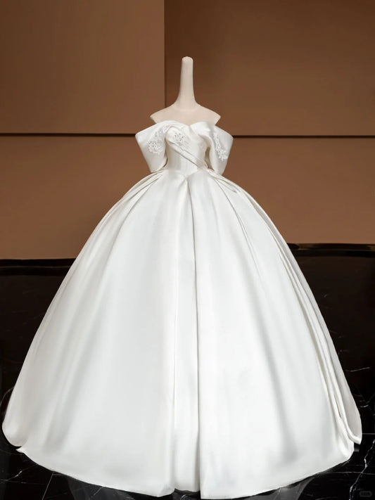 Weißes Blumenapplikationen Perlen Elegante Mode Langes Satin Ballkleid Abendkleid Partykleid Hochzeitskleid nv4747