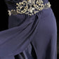 Robe de soirée longue en mousseline de soie, dos nu, strass bleus, nv4427