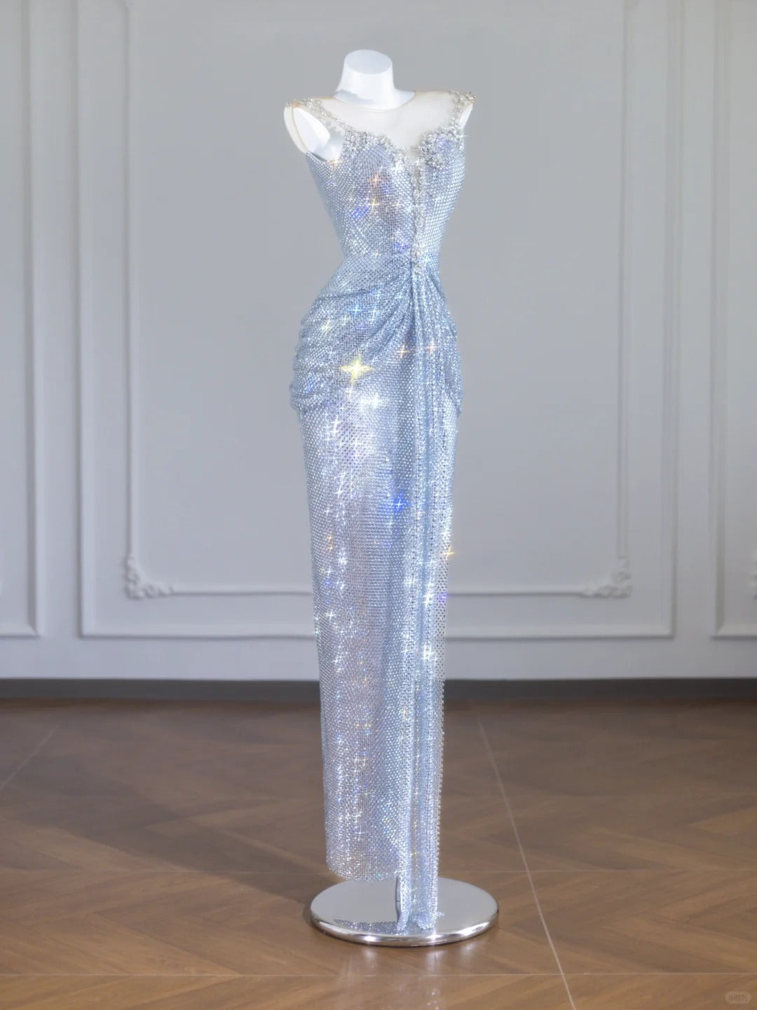 Silbernes, glänzendes, langes Ballkleid mit Pailletten, Abendkleid, Partykleid, nv4722