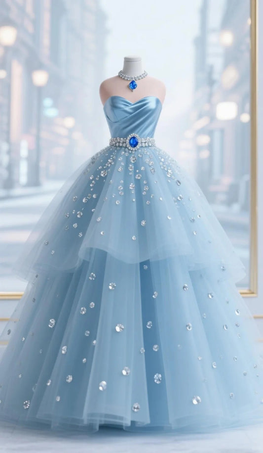 Blaues, glänzendes, elegantes, langes Ballkleid mit Strasssteinen im Prinzessinnen-Stil aus Tüll, NV4431