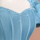 Robe de bal longue en satin bleu délicat et perlé, robe de soirée, robe de soirée, nv4731