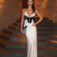 White V-neck low-cut lace bow maxi dress satin long slim ball gown evening dress nv2678