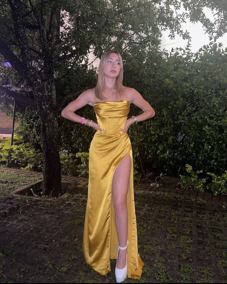 Yellow stylish charming spaghetti straps long slit ball gown evening dress party dress nv2487