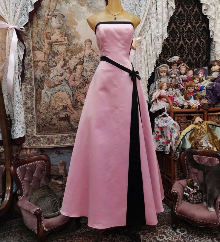 Robe de soirée longue en satin rose vintage élégante avec ruban, nv3564