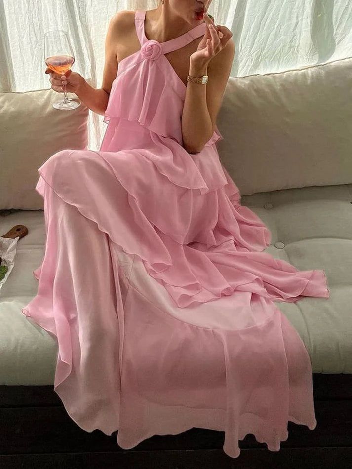 Robe de soirée longue en mousseline de soie rose à volants, jolie et mignonne, longueur au sol, pour bal de promo, pour 22e anniversaire, nv3904