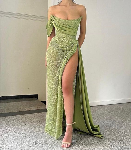 Green unique fashion sequin long satin sexy slit ball gown evening dress nv2666