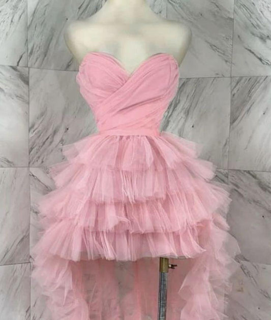 Pink sweet skirt irregular short front and long back sleeveless tulle long skirt long prom dress evening dress graduation dress nv2676