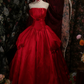 Vintage Scarlet Strapless Ball Gown with Rose Appliques, Satin Wedding Reception Dress  NV6882