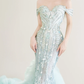 Mint Green Off Shoulder Mermaid Prom Gown Beaded Sequin Ruffled Tulle Train  NV7176