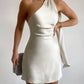 Robe de soirée courte en satin, couleur unie, élégante, épaules dénudées, couleur champagne, robe de soirée d'anniversaire, nv2538