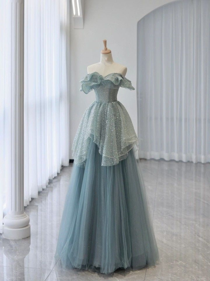 Blaues funkelndes, elegantes, langes, mehrlagiges Pailletten-Tüll-Ballkleid, Abendkleid, Geburtstagspartykleid, Abschlussballkleid nv3841