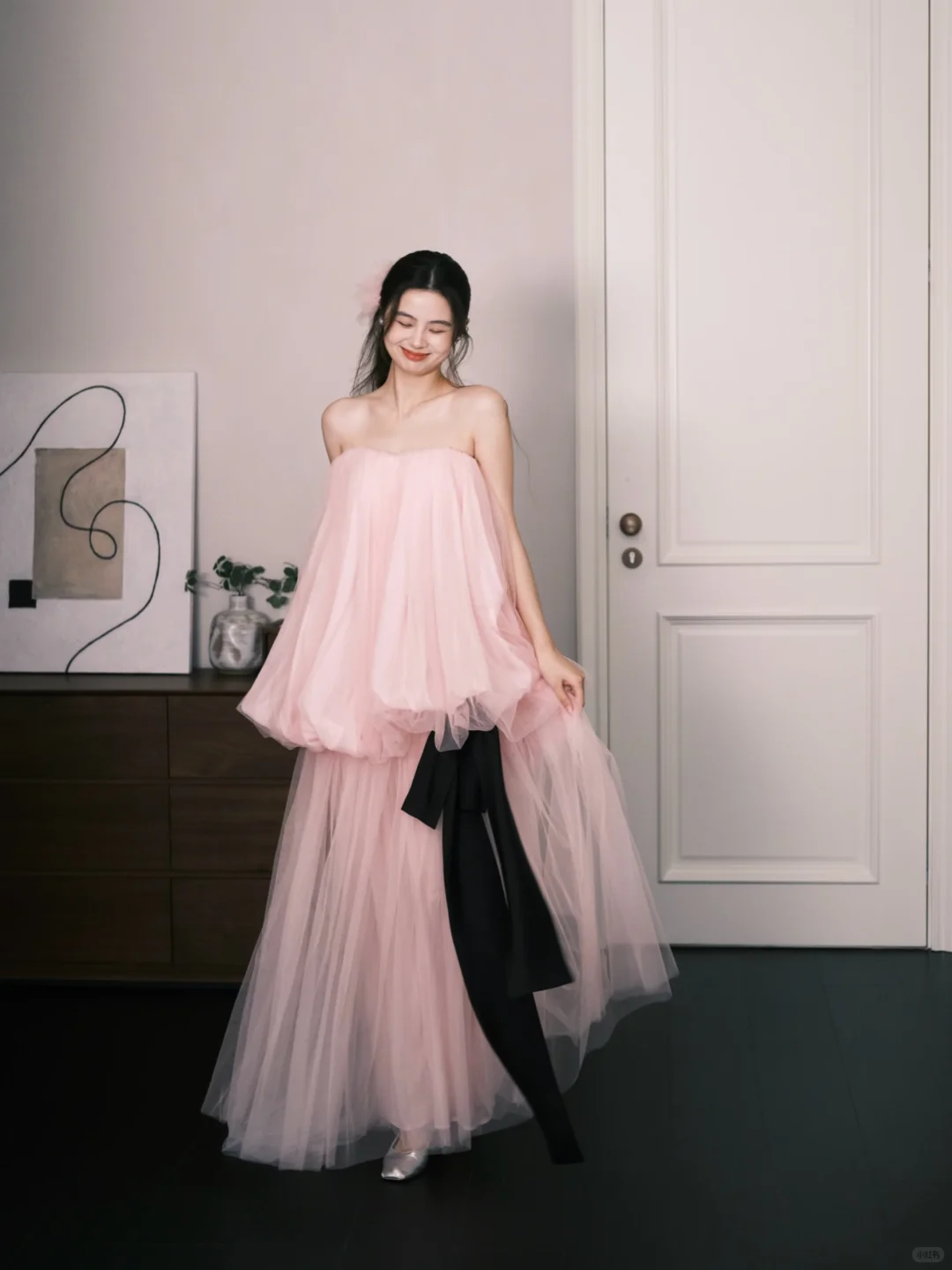 Strapless Blush Pink Bubble Tulle Two Piece Formal Dress with Sheer Pants  NV7364