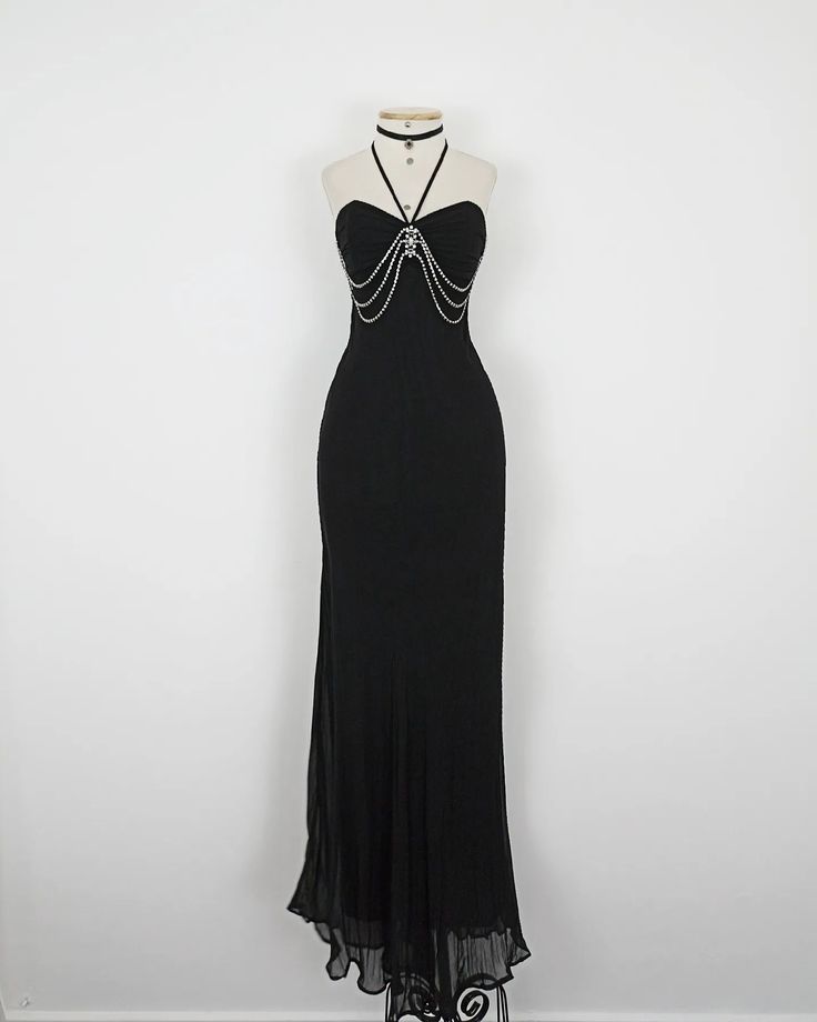 Robe de soirée longue en mousseline de soie noire, élégante et vintage, nv3549