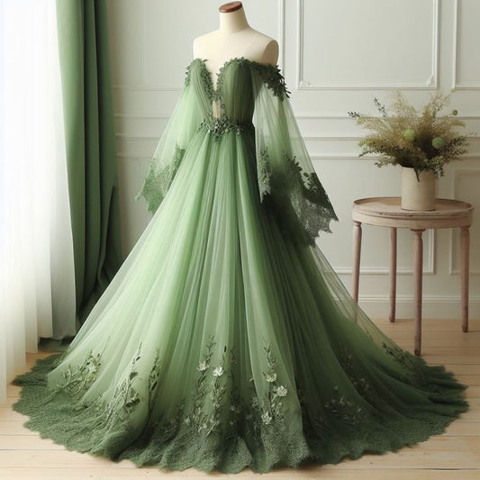 Green gorgeous V-neck elegant lace embroidery applique long sleeves long tulle ball gown evening dress nv3236