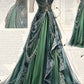 Robe de soirée longue en satin et tulle, style vintage, élégante, verte, en dentelle, perles exquises, coupe trapèze, bretelles spaghetti, nv3766