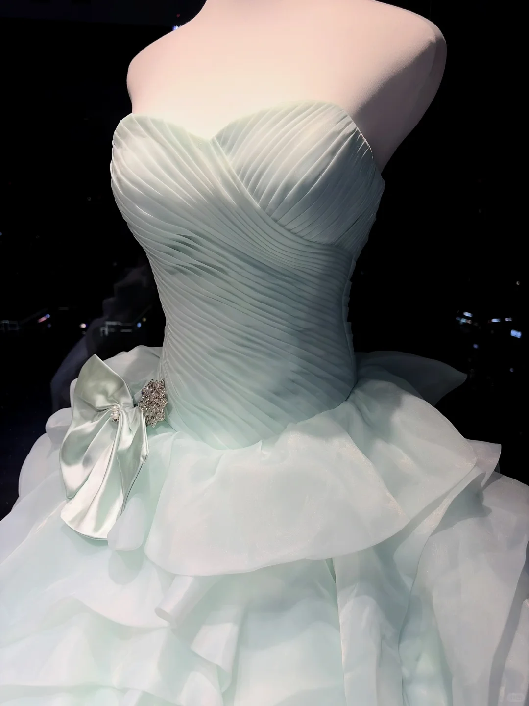 Mint Green Strapless Ball Gown Ruched Bodice Layered Ruffle Organza Formal Dress  NV6957