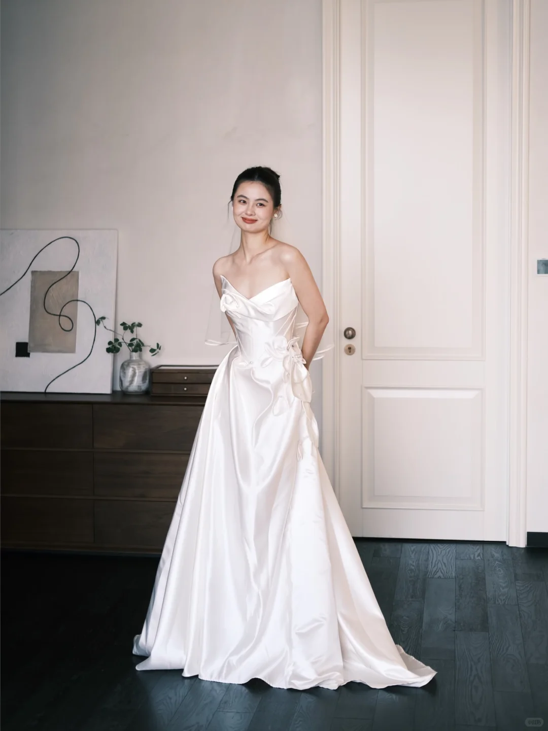 Asymmetric Strapless Satin Wedding Gown, 3D Flower A Line Bridal Dress  NV7353