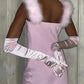 Robe de soirée mi-longue en satin rose à bretelles en fourrure nv3119